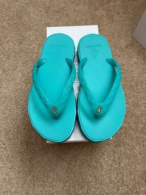 Jimmy Choo Turquoise Rubber diamond Flip Flops with Gold Logo